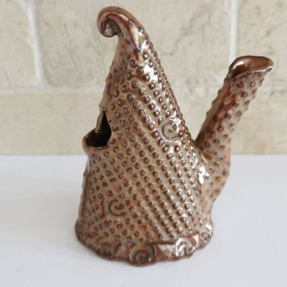 Handmade Pottery Whatsit Vase, Spotted Creative Unusual Decor Signed Brown Ceram